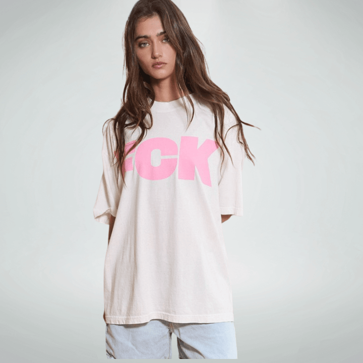 Made in USA Women's Oversized "FCK CANCER" Graphic Tee, Crew Neck, Short Sleeves, White with Pink Lettering, Longer Length, 100% Cotton | Bucket List Fashion Style T2284F