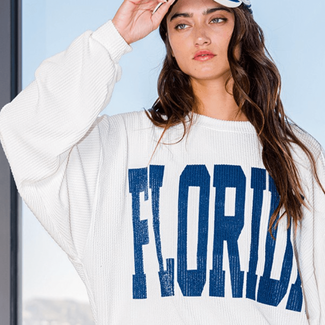 Made in USA Textured "FLORIDA" Graphic Oversized Game Day Textured Ribbed Sweatshirt with Crew Neck and Long Sleeves  | Bucket List Style T1770