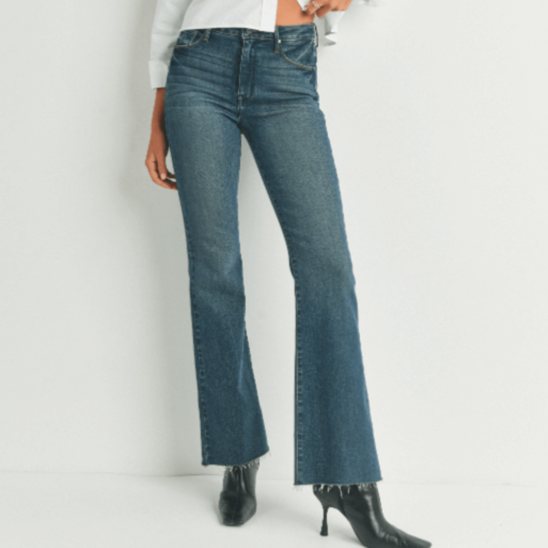 Just Black Denim Style# BP333J | Women's Fall Flare Light Denim Jeans with Scissor Cut Hem in Dark Denim | Made in USA | Classy Cozy Cool Women's Made in America Clothing Boutique