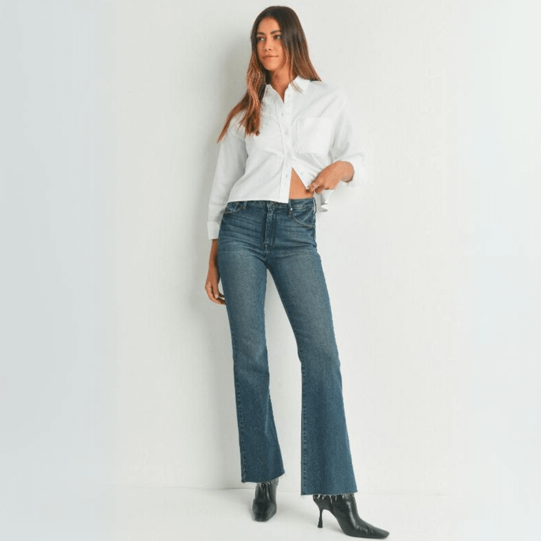 Just Black Denim Style# BP333J | Women's Fall Flare Light Denim Jeans with Scissor Cut Hem in Dark Denim | Made in USA | Classy Cozy Cool Women's Made in America Clothing Boutique