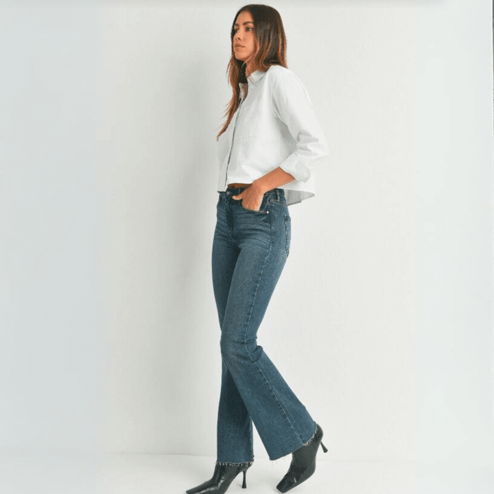 Just Black Denim Style# BP333J | Women's Fall Flare Light Denim Jeans with Scissor Cut Hem in Dark Denim | Made in USA | Classy Cozy Cool Women's Made in America Clothing Boutique