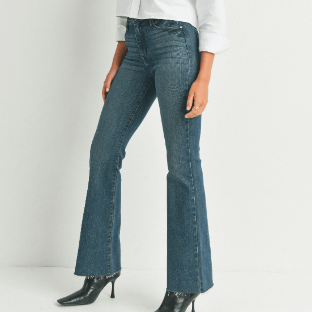 Just Black Denim Style# BP333J | Women's Fall Flare Light Denim Jeans with Scissor Cut Hem in Dark Denim | Made in USA | Classy Cozy Cool Women's Made in America Clothing Boutique