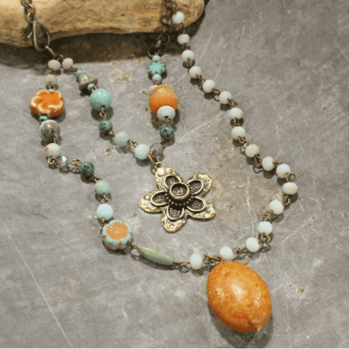 Natural Stone Jewelry Designed and Made in USA, Double Layered Bohemian Necklace with Flower and Orange Stone with Aqua Accents | Classy Cozy Cool Made in America Boutique