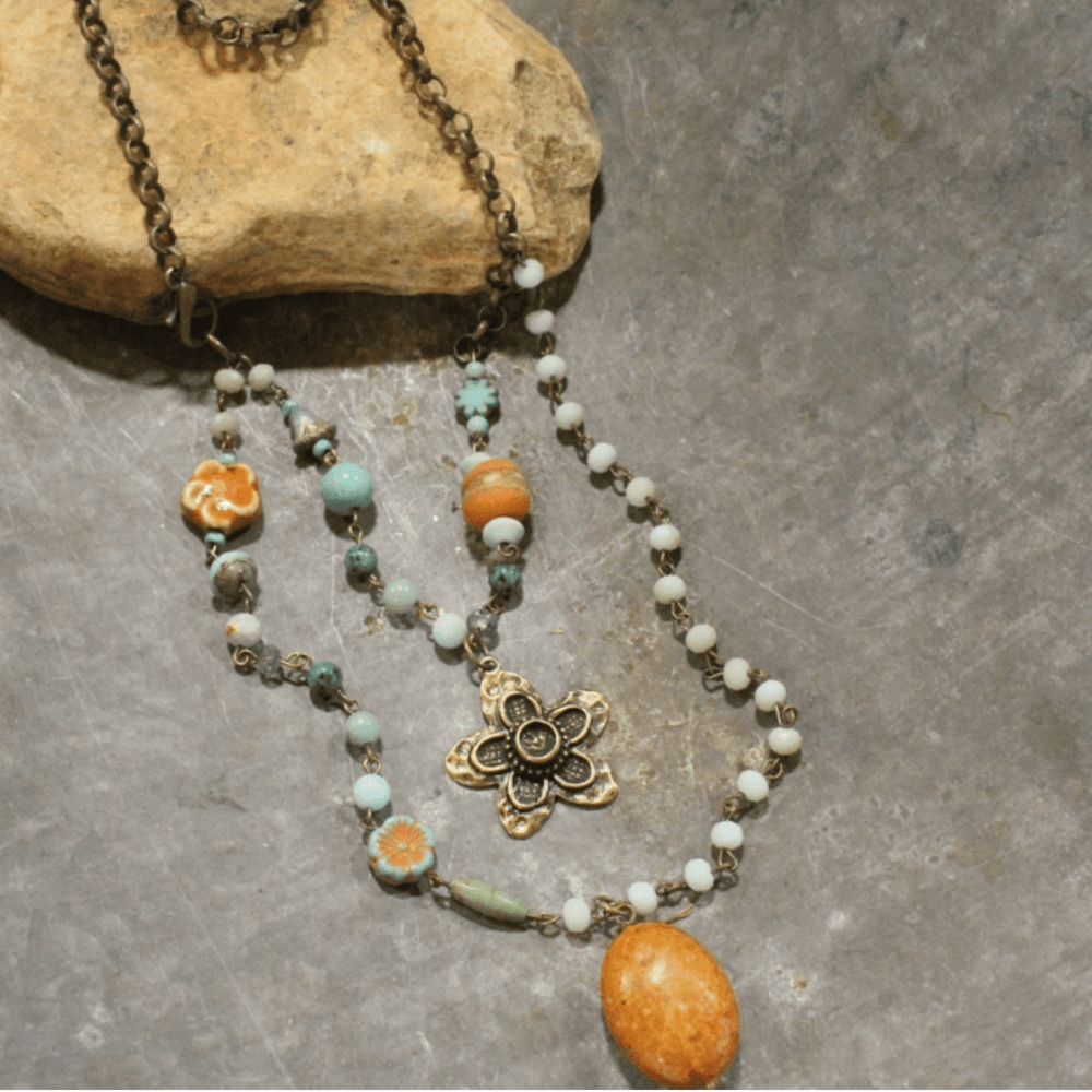 Natural Stone Jewelry Designed and Made in USA, Double Layered Bohemian Necklace with Flower and Orange Stone with Aqua Accents | Classy Cozy Cool Made in America Boutique