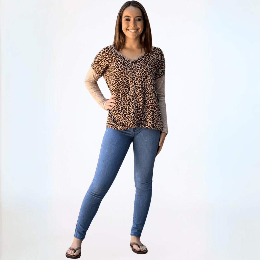 Made in USA Women's Double V-Neck Animal Print Contrast Long Sleeve Oversized Top with Knot Twist Tie in Front 