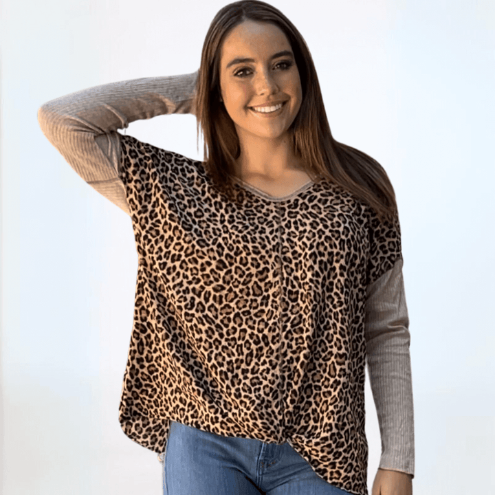 Made in USA Women's Double V-Neck Animal Print Contrast Long Sleeve Oversized Top with Knot Twist Tie in Front 