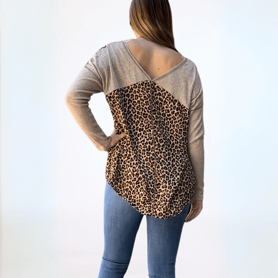 Made in USA Women's Double V-Neck Animal Print Contrast Long Sleeve Oversized Top with Knot Twist Tie in Front 