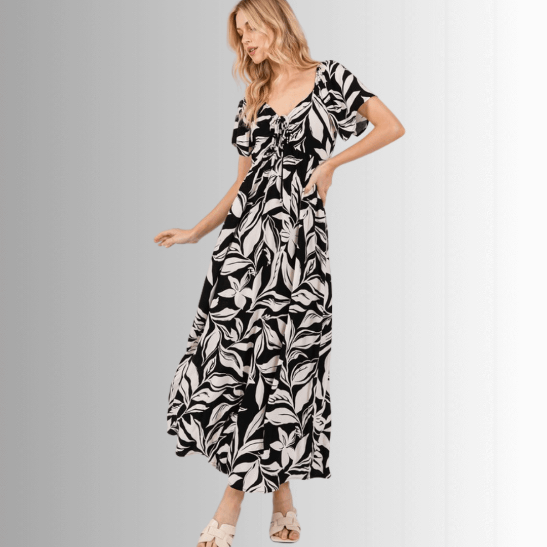 Made in USA Women's Rayon Flared Sleeve Floral Maxi Dress in Black & Ivory with Tie Front | Classy Cozy Cool Made in America Boutique