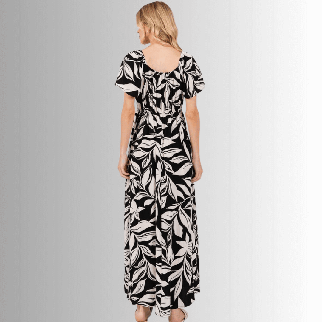 Made in USA Women's Rayon Flared Sleeve Floral Maxi Dress in Black & Ivory with Tie Front | Classy Cozy Cool Made in America Boutique