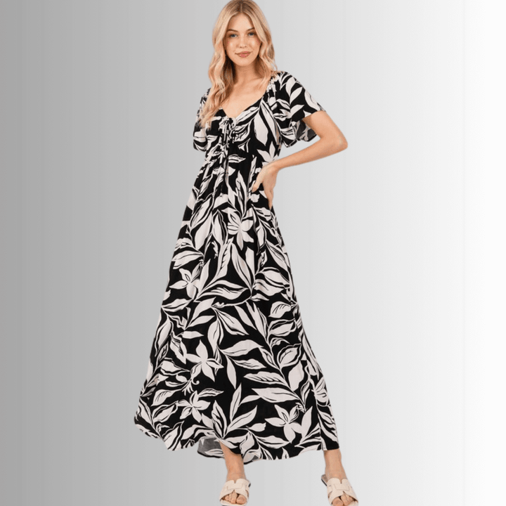 Made in USA Women's Rayon Flared Sleeve Floral Maxi Dress in Black & Ivory with Tie Front | Classy Cozy Cool Made in America Boutique