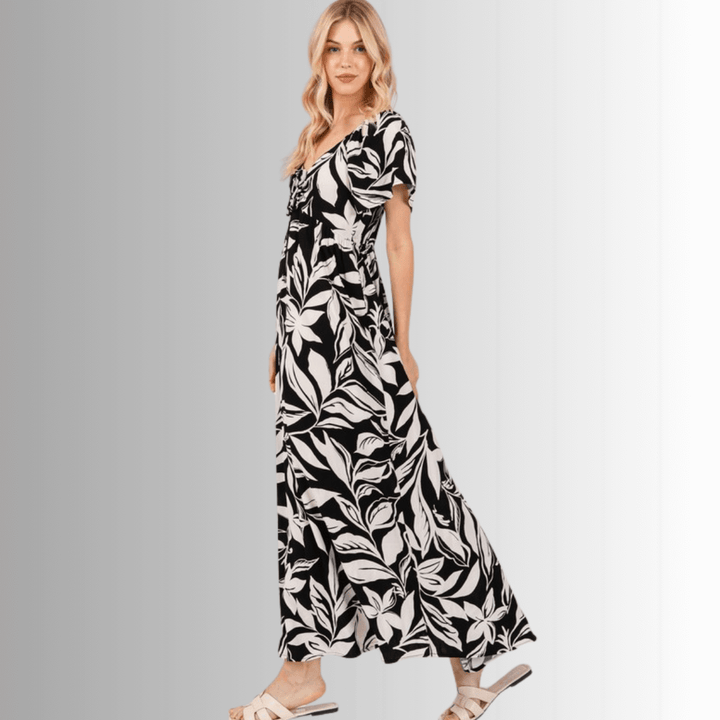 Made in USA Women's Rayon Flared Sleeve Floral Maxi Dress in Black & Ivory with Tie Front | Classy Cozy Cool Made in America Boutique