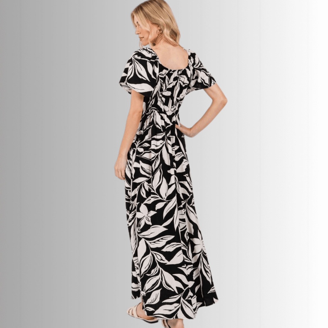 Made in USA Women's Rayon Flared Sleeve Floral Maxi Dress in Black & Ivory with Tie Front | Classy Cozy Cool Made in America Boutique