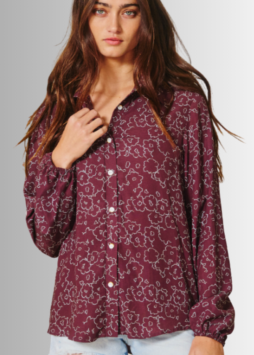 Made in USA Women's raisin-colored floral print long sleeve button down blouse by Bucket List Style T1520 