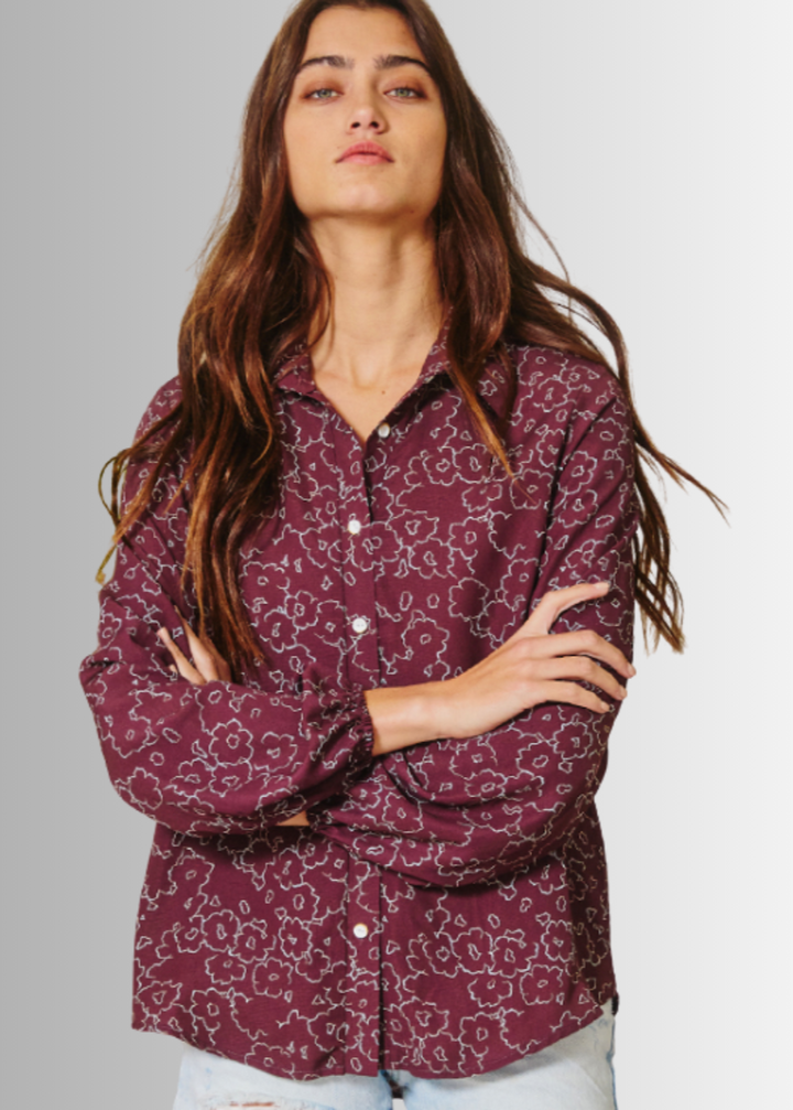Made in USA Women's raisin-colored floral print long sleeve button down blouse by Bucket List Style T1520 