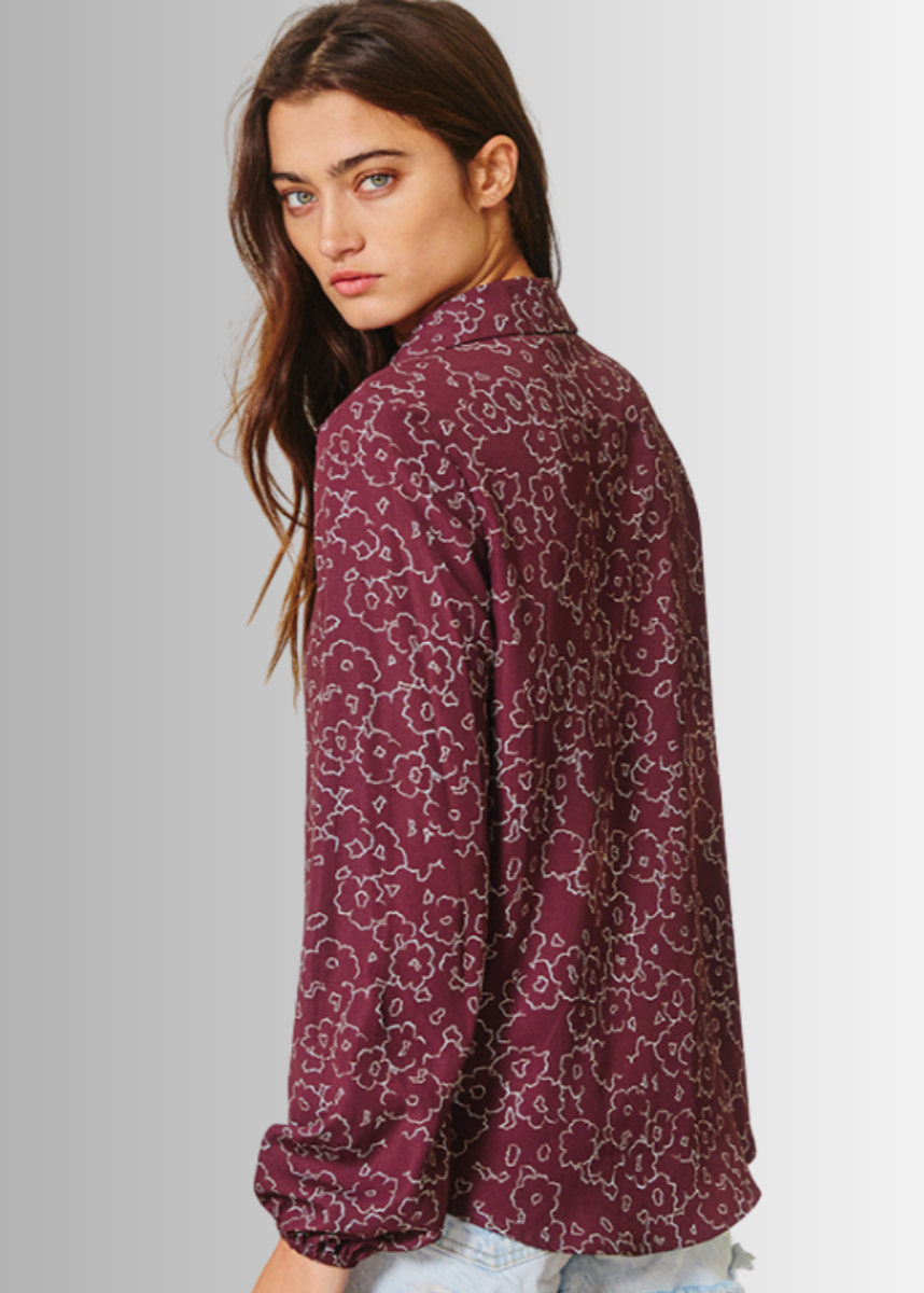 Made in USA Women's raisin-colored floral print long sleeve button down blouse by Bucket List Style T1520 