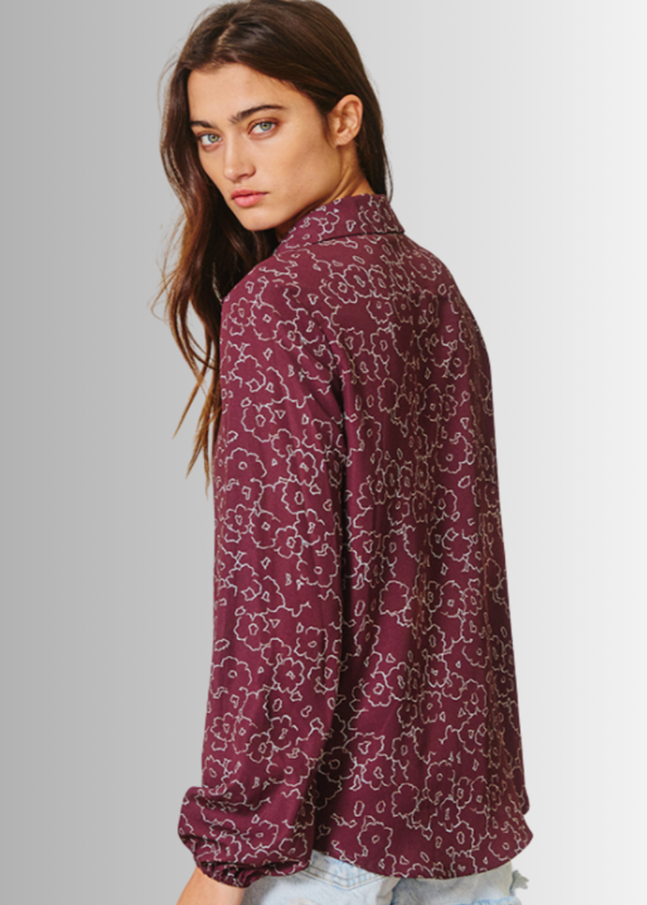 Made in USA Women's raisin-colored floral print long sleeve button down blouse by Bucket List Style T1520 