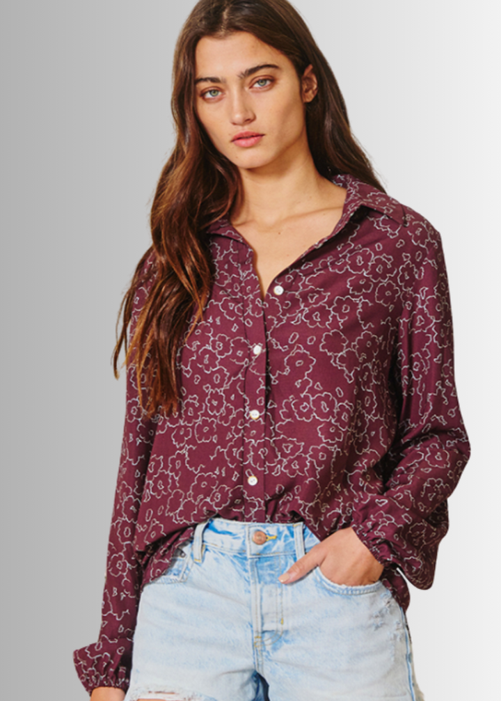 Made in USA Women's raisin-colored floral print long sleeve button down blouse by Bucket List Style T1520 