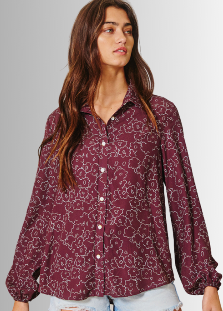 Made in USA Women's raisin-colored floral print long sleeve button down blouse by Bucket List Style T1520 