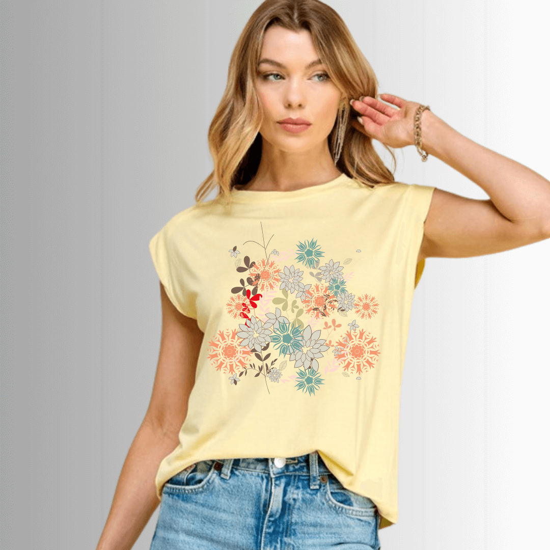 USA Made Women's Super Soft Muscle Tee in Pale Yellow with Modern Artsy Floral Bouquet Graphic | Classy Cozy Cool Made in America Clothing Boutique