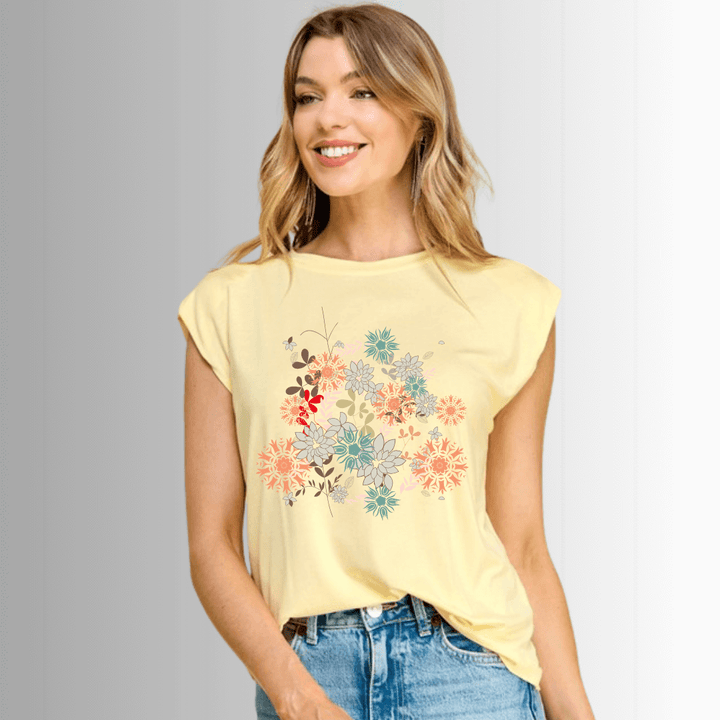 USA Made Women's Super Soft Muscle Tee in Pale Yellow with Modern Artsy Floral Bouquet Graphic | Classy Cozy Cool Made in America Clothing Boutique