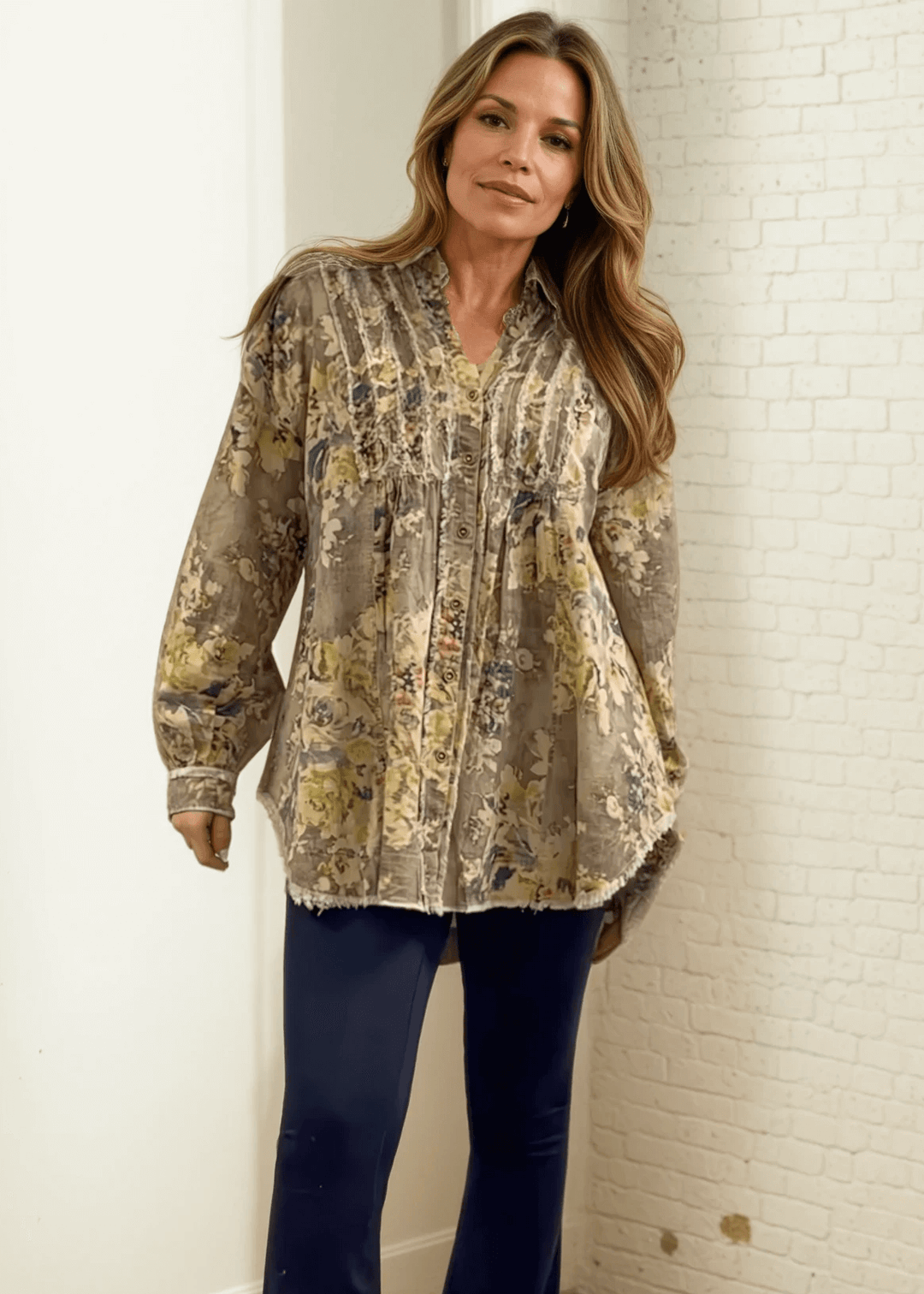 Made in USA Jaded Gypsy Army Green Floral Print Button Down Shacket, Longer Length, Collared, Raw Edge Detail