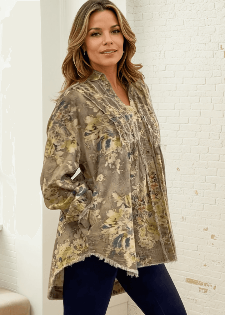 Made in USA Jaded Gypsy Army Green Floral Print Button Down Shacket, Longer Length, Collared, Raw Edge Detail