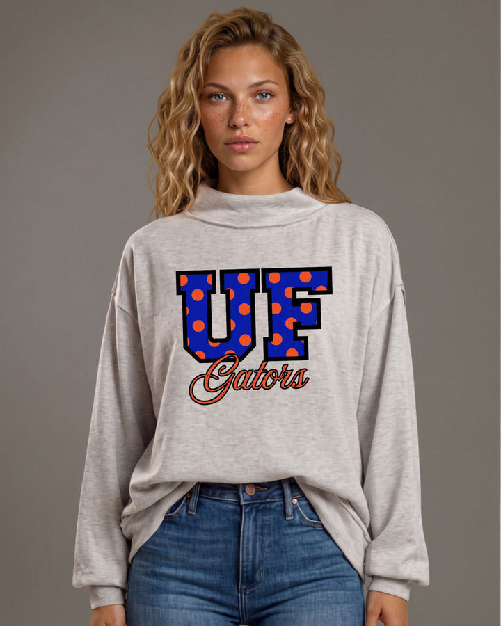 Florida Gators gameday polka dot graphic mock neck sweatshirt in heather grey. Oversized, super soft, made in USA. Perfect gameday top. Sizes S–L.