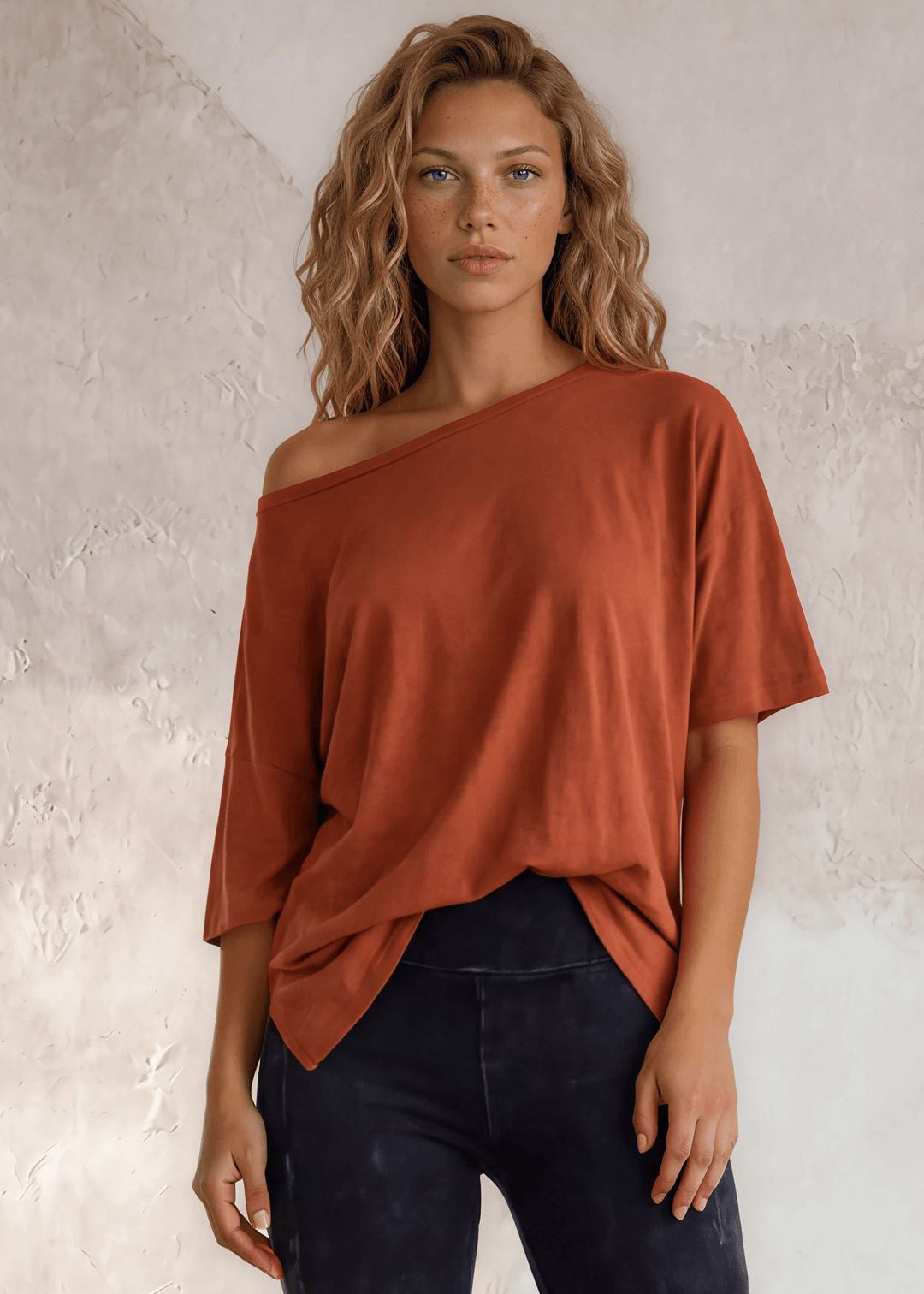 Made in USA, Women's Garment Dyed Solid Slouchy Oversized Tee, 30"s Cotton Slub Material, Color: Gingerbread, Wide Round Neck, Back Raw Edge Detail, Side Slit 