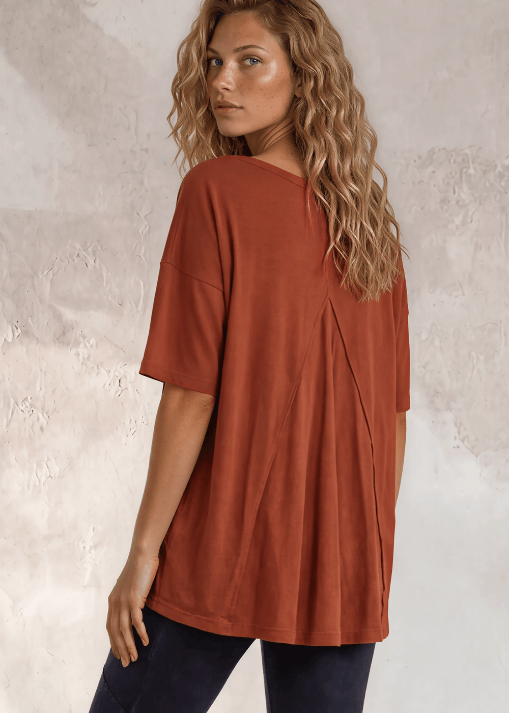 Made in USA, Women's Garment Dyed Solid Slouchy Oversized Tee, 30"s Cotton Slub Material, Color: Gingerbread, Wide Round Neck, Back Raw Edge Detail, Side Slit 