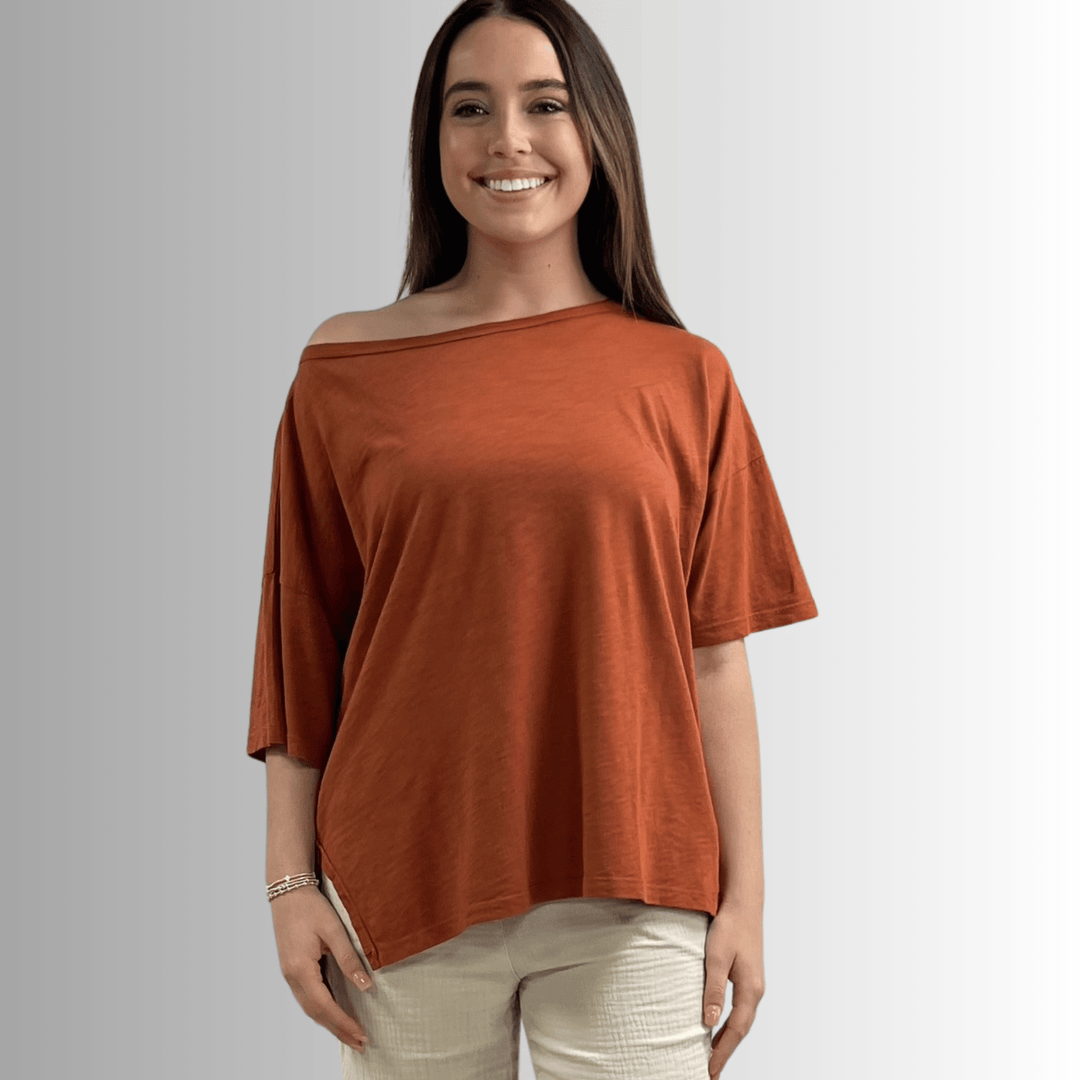 Made in USA, Women's Garment Dyed Solid Slouchy Oversized Tee, 30"s Cotton Slub Material, Color: Gingerbread, Wide Round Neck, Back Raw Edge Detail, Side Slit 