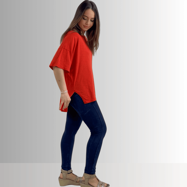 Made in USA, Women's Garment Dyed Solid Slouchy Oversized Tee, 30"s Cotton Slub Material, Color: Crimson Red, Wide Round Neck, Back Raw Edge Detail, Side Slit 