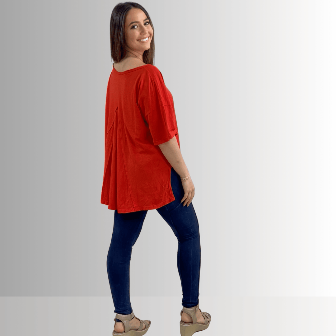 Made in USA, Women's Garment Dyed Solid Slouchy Oversized Tee, 30"s Cotton Slub Material, Color: Crimson Red, Wide Round Neck, Back Raw Edge Detail, Side Slit 