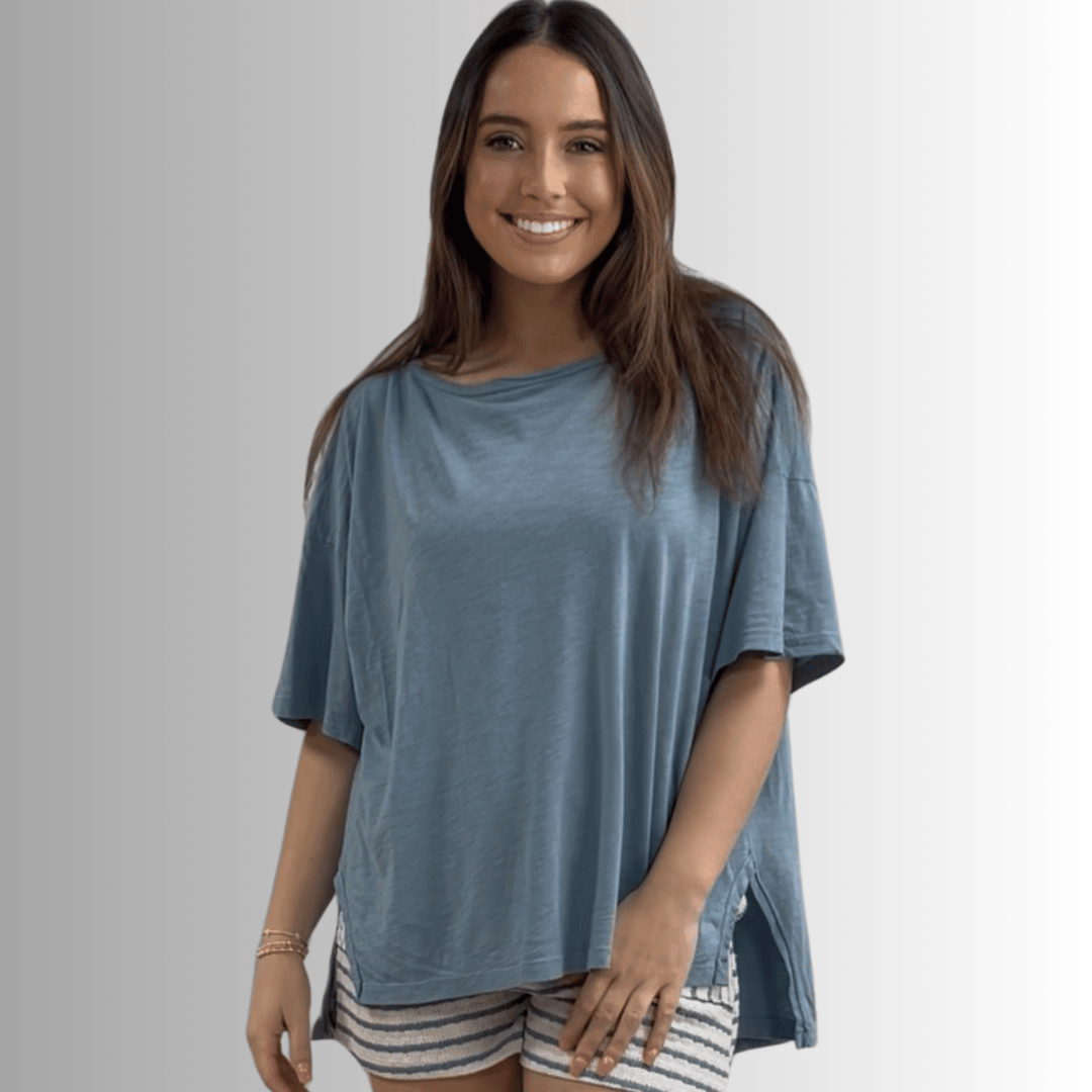 Made in USA, Women's Garment Dyed Solid Slouchy Oversized Tee, 30"s Cotton Slub Material, Color: Light Steel Blue, Wide Round Neck, Back Raw Edge Detail, Side Slit 