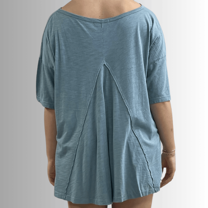 Made in USA, Women's Garment Dyed Solid Slouchy Oversized Tee, 30"s Cotton Slub Material, Color: Light Steel Blue, Wide Round Neck, Back Raw Edge Detail, Side Slit 