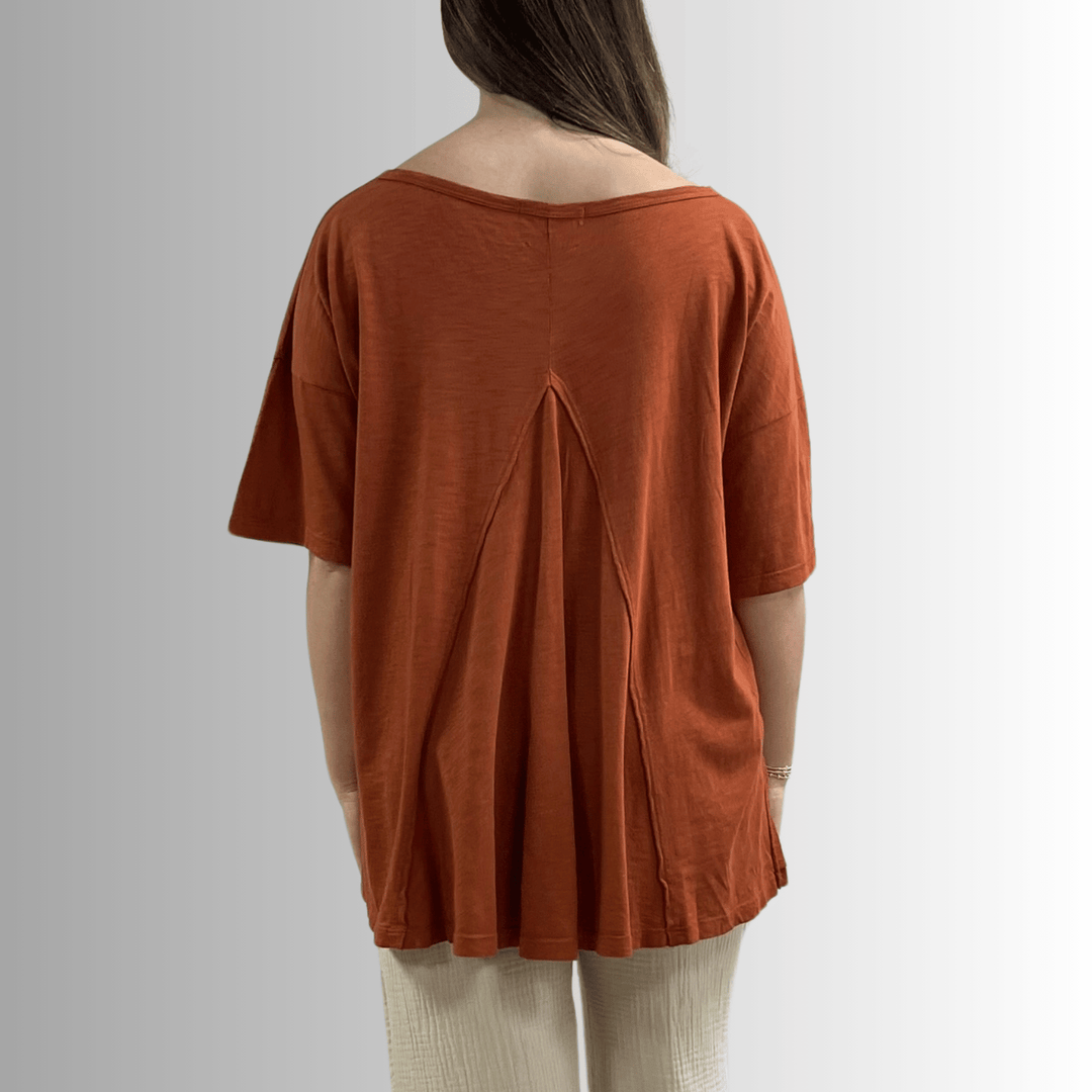 Made in USA, Women's Garment Dyed Solid Slouchy Oversized Tee, 30"s Cotton Slub Material, Color: Gingerbread, Wide Round Neck, Back Raw Edge Detail, Side Slit 