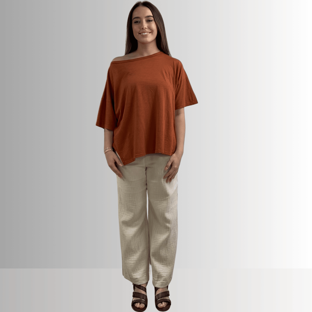 Made in USA, Women's Garment Dyed Solid Slouchy Oversized Tee, 30"s Cotton Slub Material, Color: Gingerbread, Wide Round Neck, Back Raw Edge Detail, Side Slit 