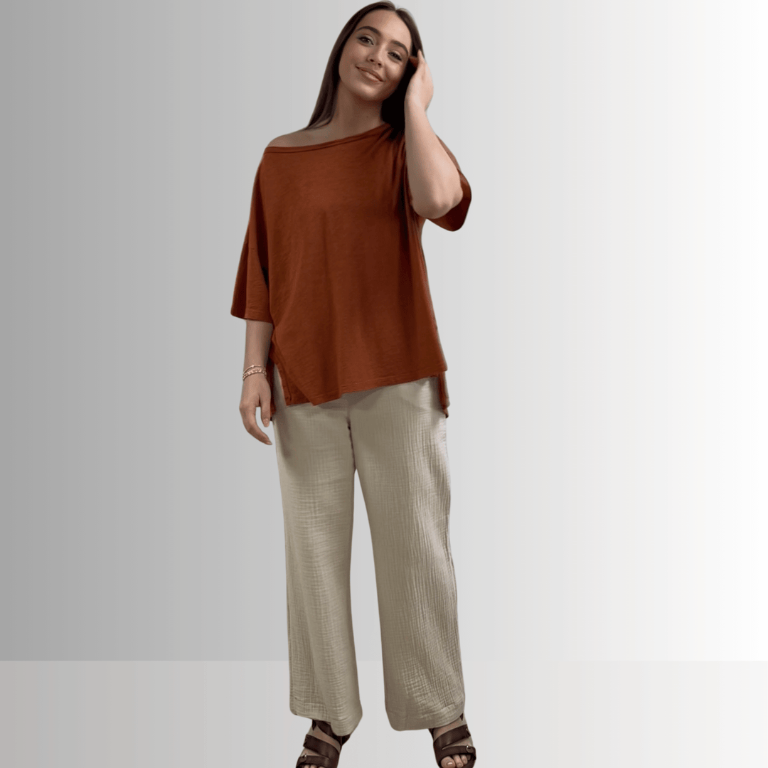 Made in USA, Women's Garment Dyed Solid Slouchy Oversized Tee, 30"s Cotton Slub Material, Color: Gingerbread, Wide Round Neck, Back Raw Edge Detail, Side Slit 