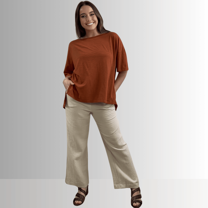 Made in USA, Women's Garment Dyed Solid Slouchy Oversized Tee, 30"s Cotton Slub Material, Color: Gingerbread, Wide Round Neck, Back Raw Edge Detail, Side Slit 