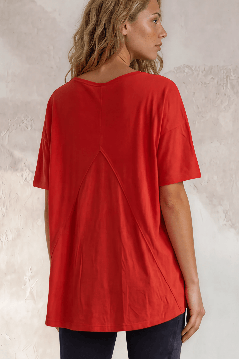 Made in USA, Women's Garment Dyed Solid Slouchy Oversized Tee, 30"s Cotton Slub Material, Color: Crimson Red, Wide Round Neck, Back Raw Edge Detail, Side Slit 