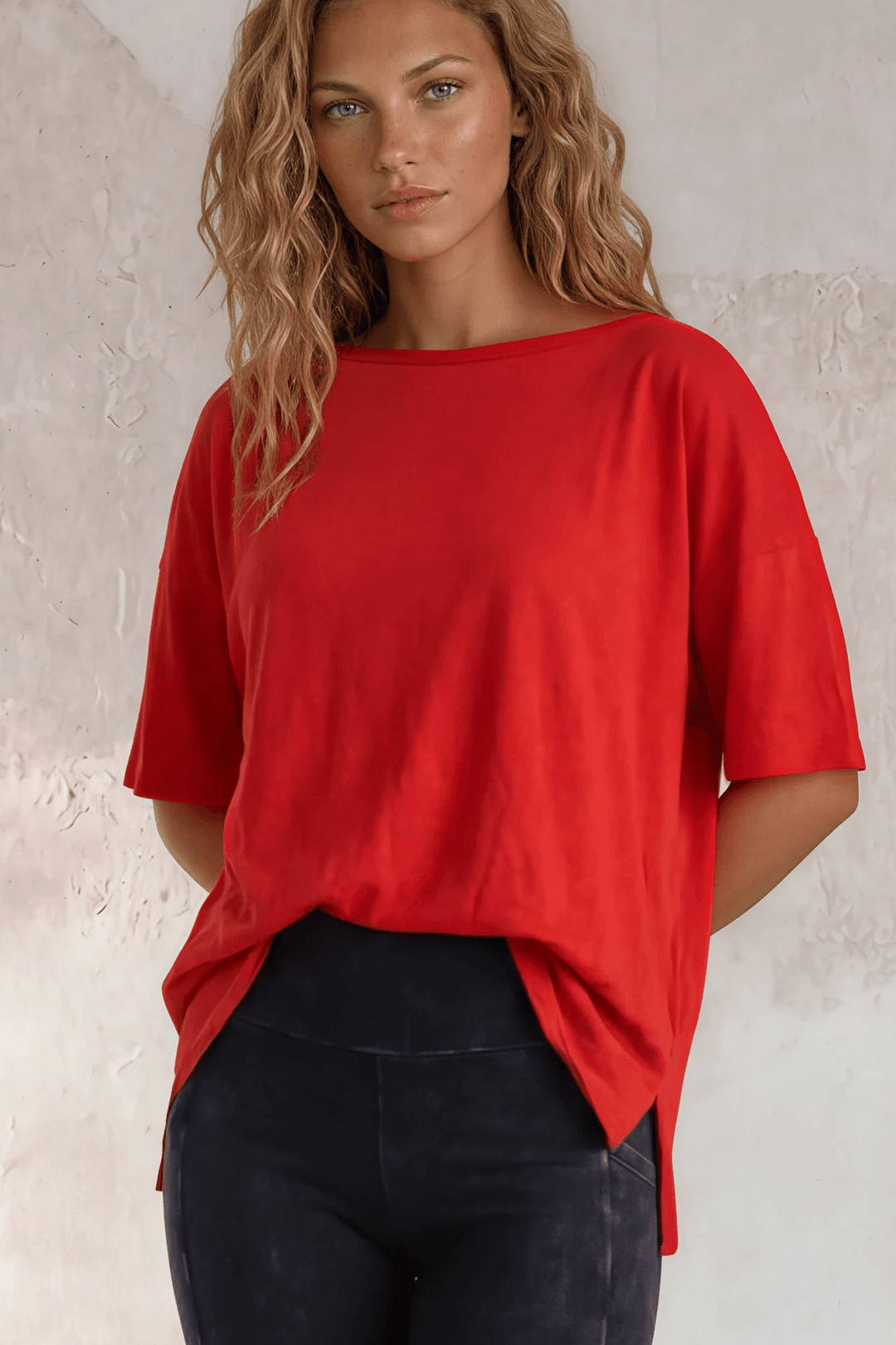 Made in USA, Women's Garment Dyed Solid Slouchy Oversized Tee, 30"s Cotton Slub Material, Color: Crimson Red, Wide Round Neck, Back Raw Edge Detail, Side Slit 