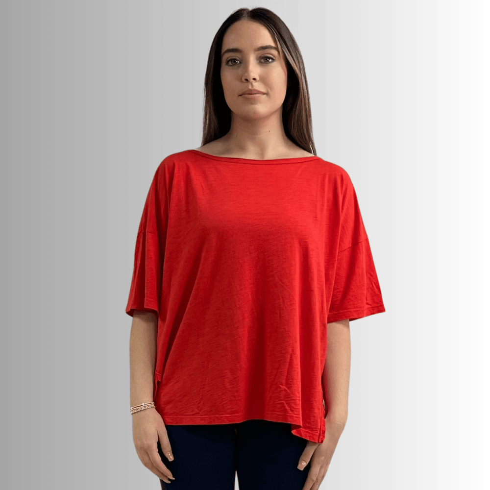 Made in USA, Women's Garment Dyed Solid Slouchy Oversized Tee, 30"s Cotton Slub Material, Color: Crimson Red, Wide Round Neck, Back Raw Edge Detail, Side Slit 