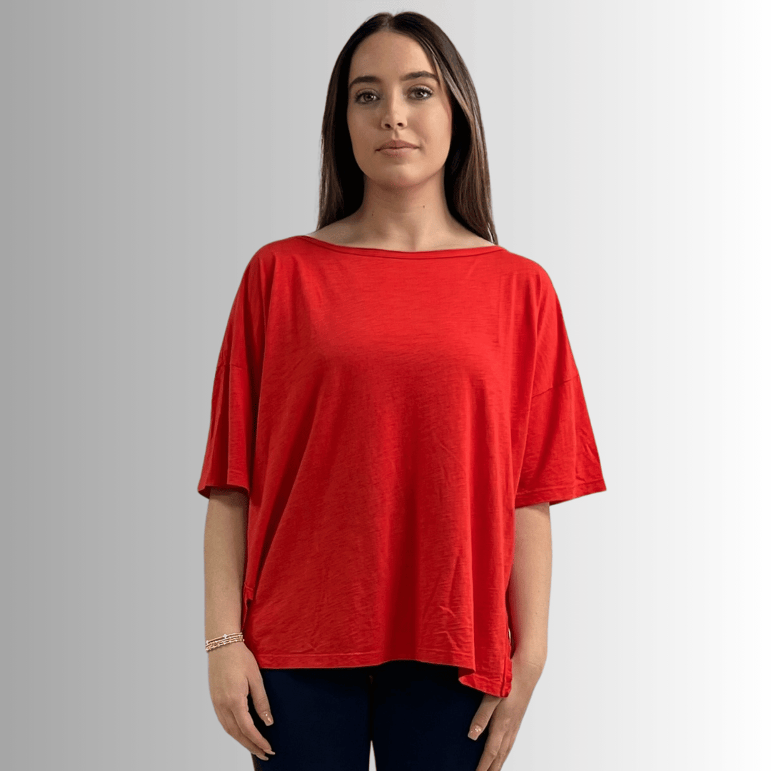 Made in USA, Women's Garment Dyed Solid Slouchy Oversized Tee, 30"s Cotton Slub Material, Color: Crimson Red, Wide Round Neck, Back Raw Edge Detail, Side Slit 