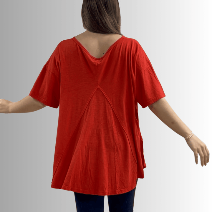 Made in USA, Women's Garment Dyed Solid Slouchy Oversized Tee, 30"s Cotton Slub Material, Color: Crimson Red, Wide Round Neck, Back Raw Edge Detail, Side Slit 