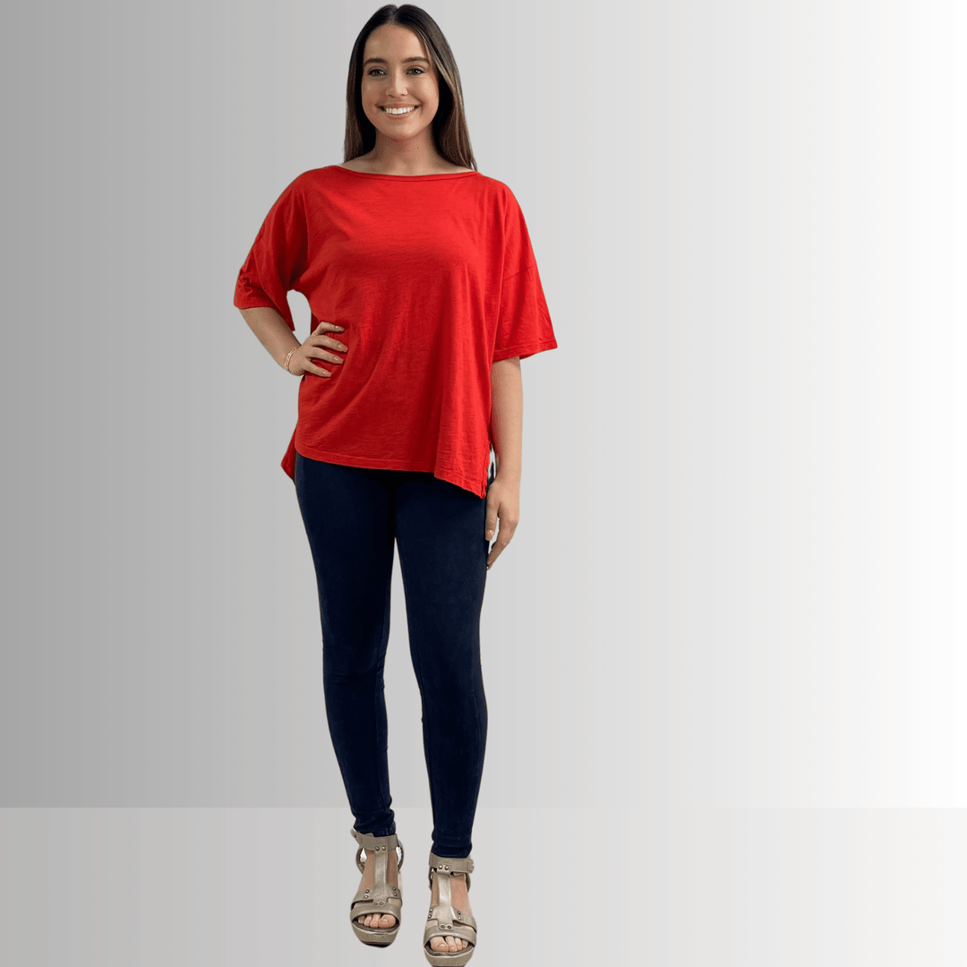 Made in USA, Women's Garment Dyed Solid Slouchy Oversized Tee, 30"s Cotton Slub Material, Color: Crimson Red, Wide Round Neck, Back Raw Edge Detail, Side Slit 