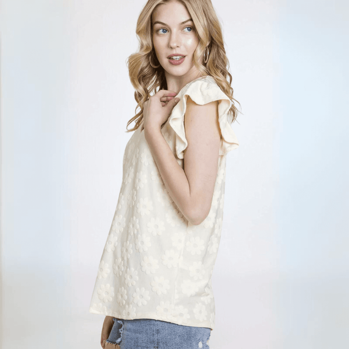 Made in USA Textured Daisy Ruffle Sleeve Top, V-Neckline, Cap Ruffled Sleeves, Regular Fit, Stretchy Material, Dress Up or Down in Cream | Classy Cozy Cool Women's Made in America Boutique