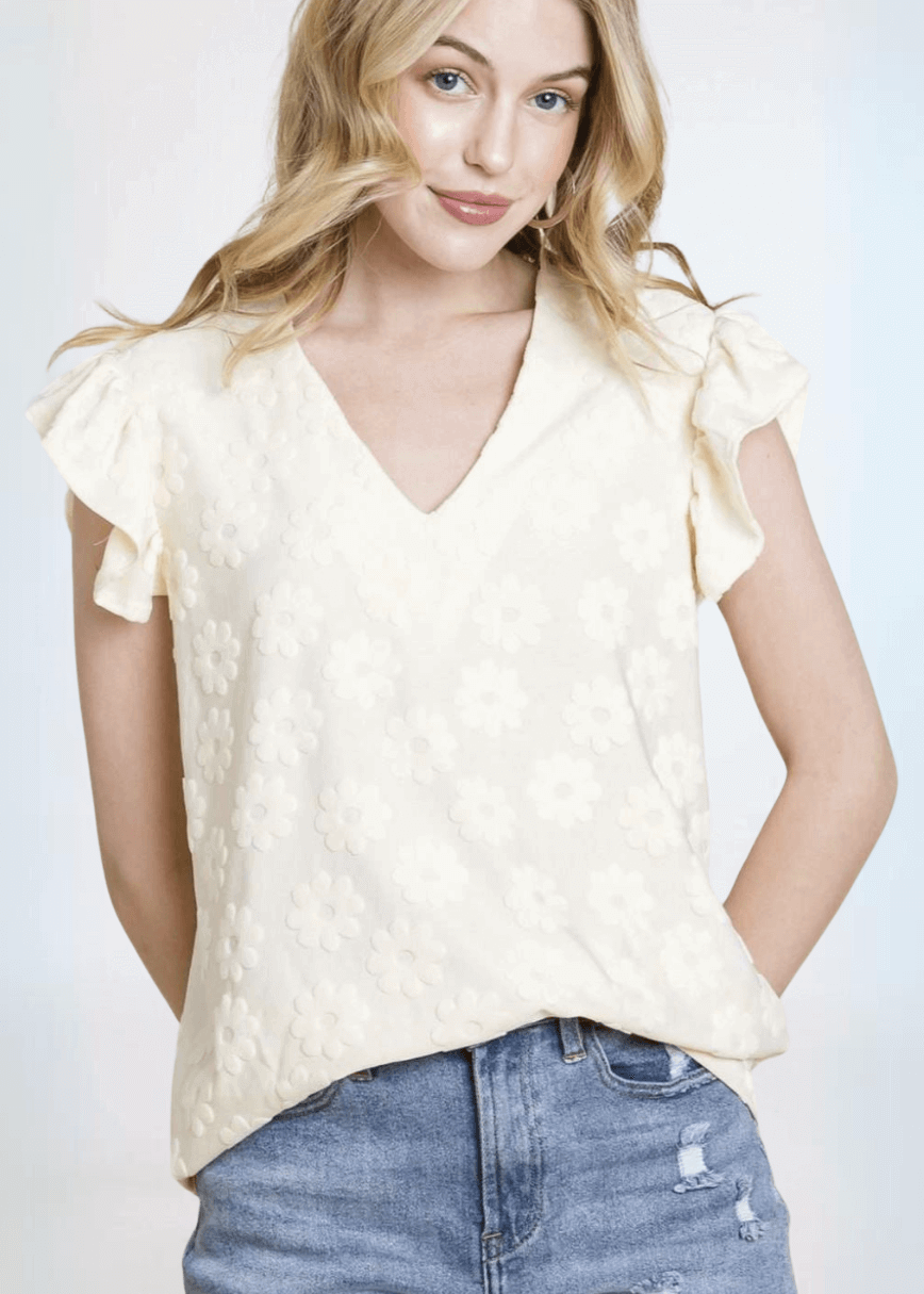 Made in USA Textured Daisy Ruffle Sleeve Top, V-Neckline, Cap Ruffled Sleeves, Regular Fit, Stretchy Material, Dress Up or Down in Cream | Classy Cozy Cool Women's Made in America Boutique