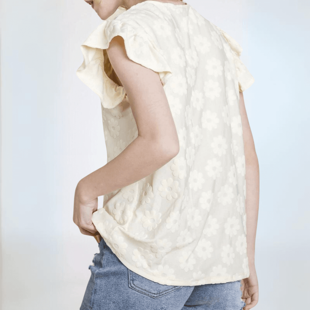 Made in USA Textured Daisy Ruffle Sleeve Top, V-Neckline, Cap Ruffled Sleeves, Regular Fit, Stretchy Material, Dress Up or Down in Cream | Classy Cozy Cool Women's Made in America Boutique