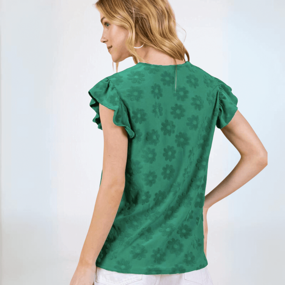 Made in USA Textured Daisy Ruffle Sleeve Top, V-Neckline, Cap Ruffled Sleeves, Regular Fit, Stretchy Material, Dress Up or Down in Green | Classy Cozy Cool Made in America Boutique