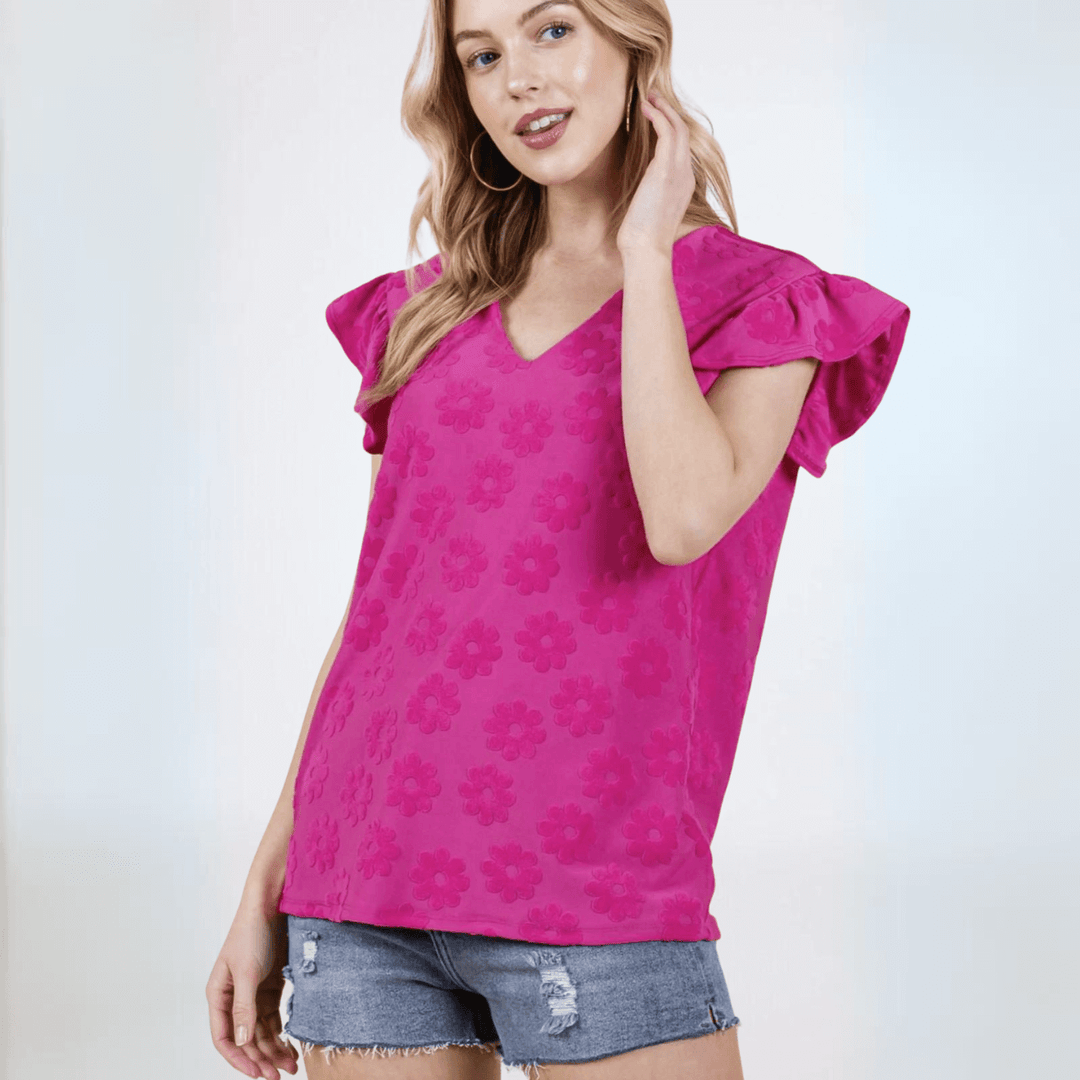 Made in USA Textured Daisy Ruffle Sleeve Top, V-Neckline, Cap Ruffled Sleeves, Regular Fit, Stretchy Material, Dress Up or Down in Fuchsia | Classy Cozy Cool Women's Made in America Boutique