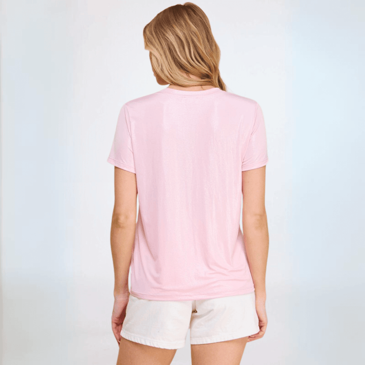 USA Made Women's Shiny Foil Crew Neck Tee in Light Pink  | Classy Cozy Cool Made in America Clothing Boutique